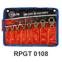 ชุดประแจแหวนข้างปากตายตัวสั้นฟรีสปีด อ่อนตัว CONSO NO.RPGT0108 Stubby Flexible Head Ratchet Spanner Set , 8-19mm. (8pcs/set)