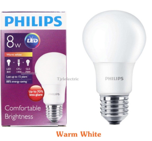 หลอดแอลอีดี PHILIPS LED Bulb 8w E27 A60 3000K Warmwhite