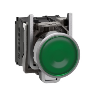 สวิตซ์กด SCHNEIDER No.XB4-BW33B5 Push button Switch, Harmony XB4, metal, green flush, 22mm, universal LED, plain lens, 1NO + 1NC, 24V AC DC